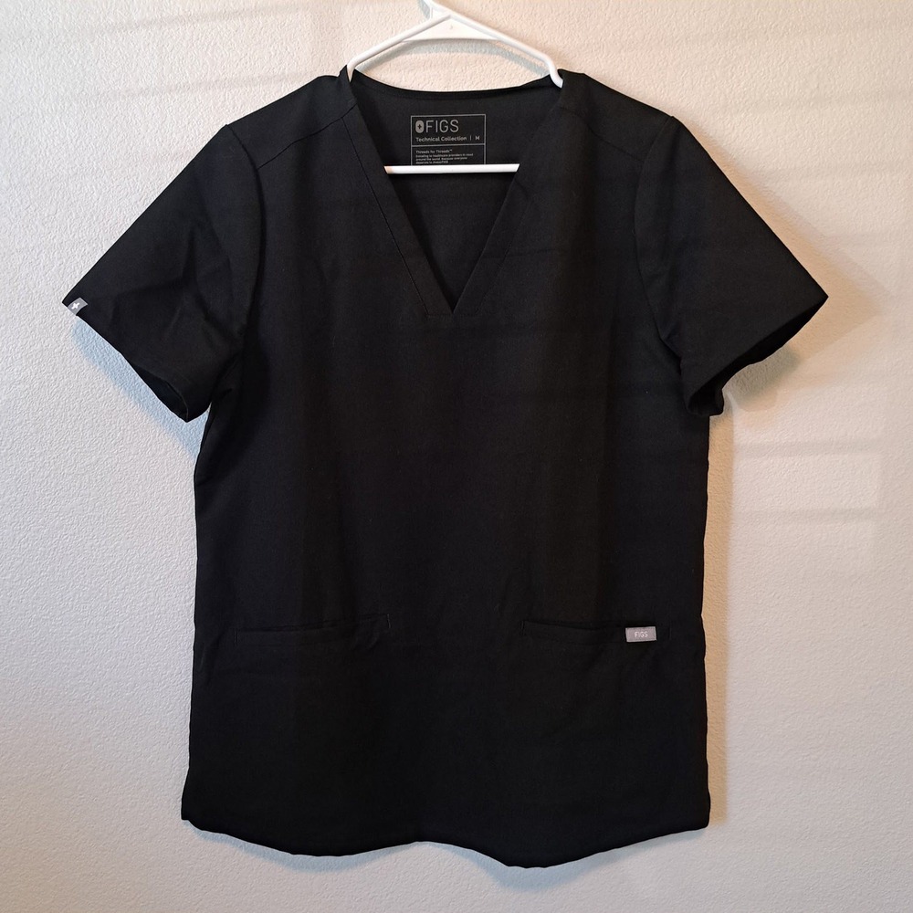 Figs Technical Collection Black V-Neck Scrub Top Women Medium Short Sleeve